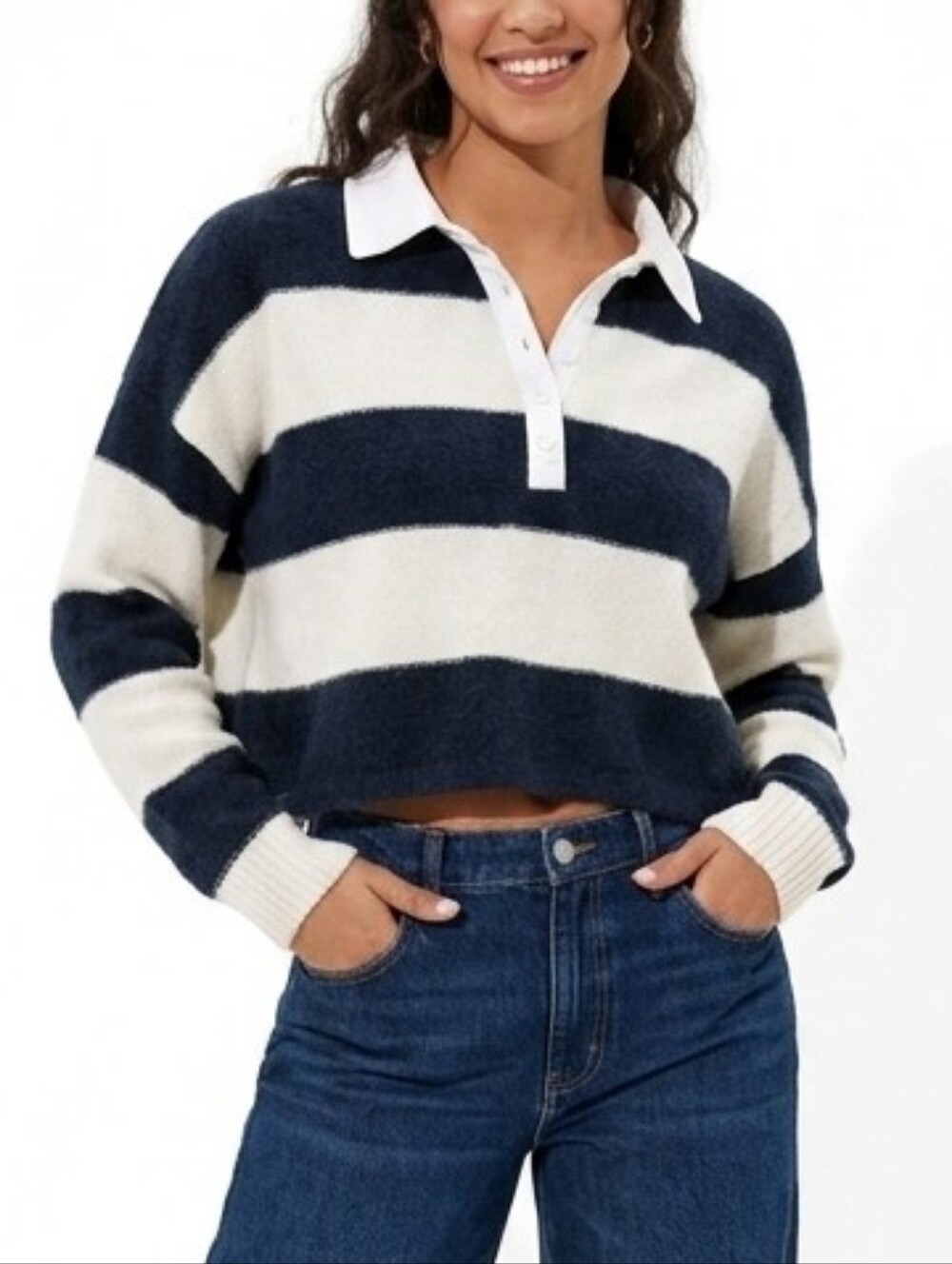 American Eagle Navy and White Striped Polo Sweater Cropped